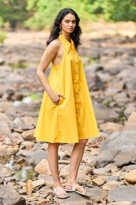 Buy Dash And Dot Yellow Cotton Halter Neck Mango Mini Shirt Dress Online at Aza Fashions Buy_Dash And Dot_Yellow Cotton Halter Neck Mango Mini Shirt Dress _Online_at_Aza_Fashions