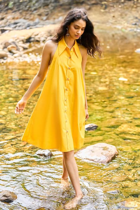 Shop Dash And Dot Yellow Cotton Halter Neck Mango Mini Shirt Dress Online at Aza Fashions Shop_Dash And Dot_Yellow Cotton Halter Neck Mango Mini Shirt Dress _Online_at_Aza_Fashions