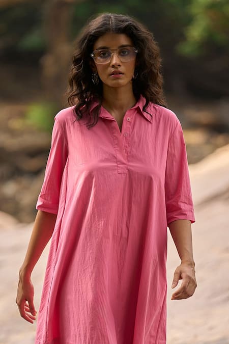 Dash And Dot_Pink Cotton Collared Dusty A-line Shirt Dress _Online_at_Aza_Fashions