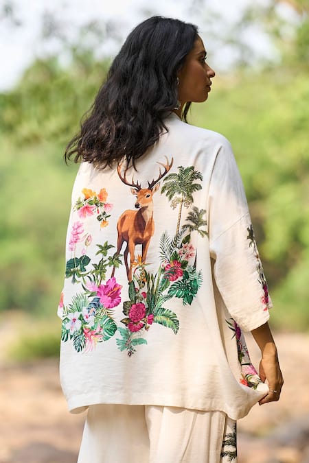 Dash And Dot_White Viscose, Linen Bandeau Floral Print Boxy Shirt And Wide-legged Pant Set _Online_at_Aza_Fashions