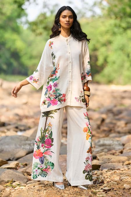 Buy_Dash And Dot_White Viscose, Linen Bandeau Floral Print Boxy Shirt And Wide-legged Pant Set _Online_at_Aza_Fashions
