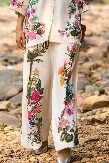 Shop_Dash And Dot_White Viscose, Linen Bandeau Floral Print Boxy Shirt And Wide-legged Pant Set _Online_at_Aza_Fashions
