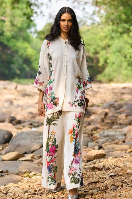 Dash And Dot_White Viscose, Linen Bandeau Floral Print Boxy Shirt And Wide-legged Pant Set _at_Aza_Fashions