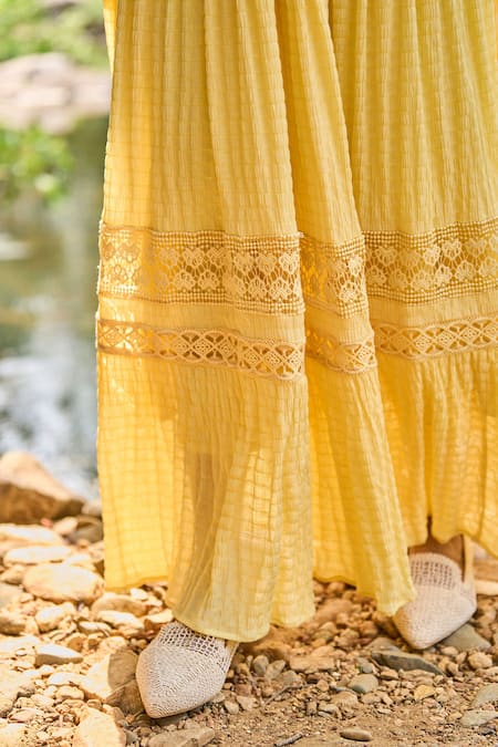 Shop_Dash And Dot_Yellow Polyester, Nylon, Rayon Lace Sweetheart Neck Lemon Tiered Maxi Dress _Online_at_Aza_Fashions