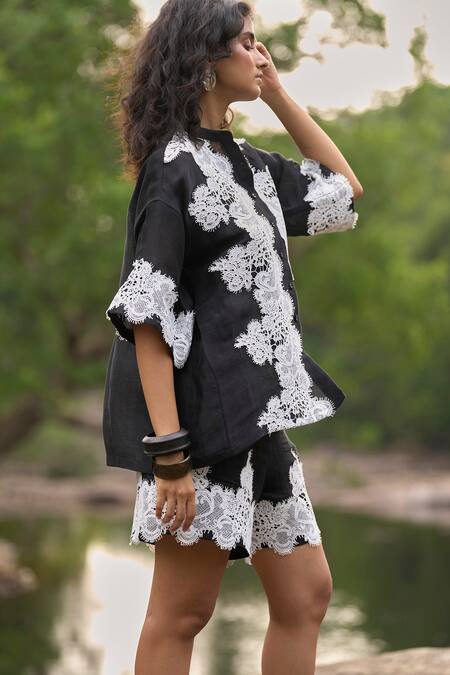 Buy_Dash And Dot_Black Linen, Silk Lace, Embroidery Collared Appliqued Relaxed Fit Shirt _Online_at_Aza_Fashions