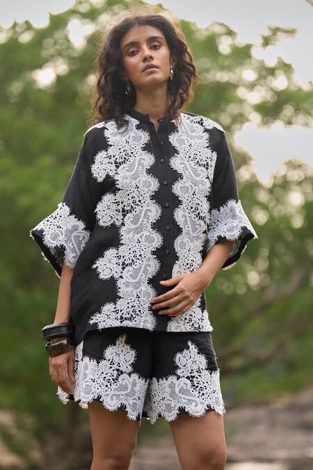 Buy Dash And Dot Black Linen, Silk Lace Collared Scalloped Applique Shirt And Shorts Online at Aza Fashions Buy_Dash And Dot_Black Linen, Silk Lace Collared Scalloped Applique Shirt And Shorts _Online_at_Aza_Fashions