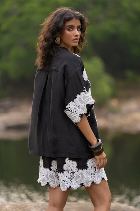 Dash And Dot Black Scalloped Lace Applique Shirt & Shorts