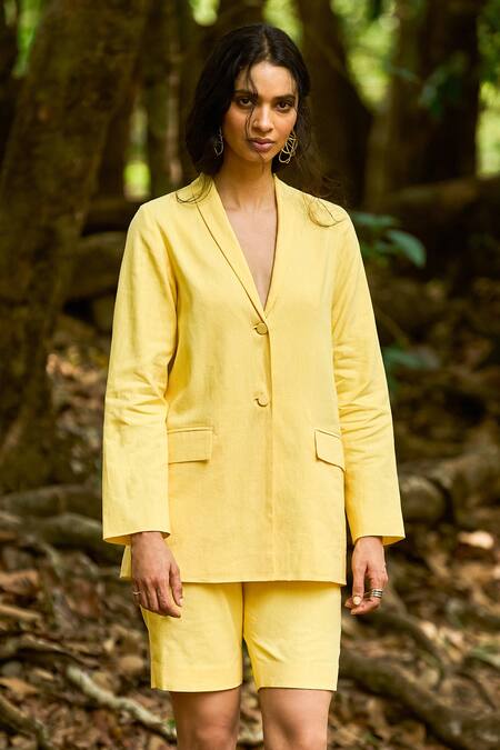 Dash And Dot_Yellow Cotton, Linen Butter Blazer And Shorts Set _Online_at_Aza_Fashions