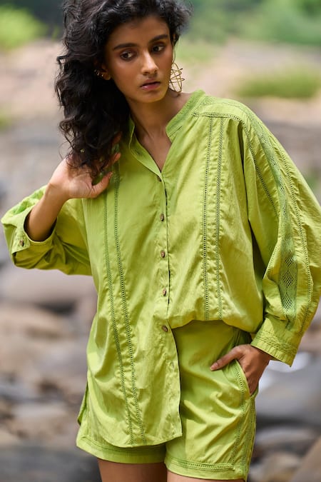 Dash And Dot_Green Tencel, Nylon Lace Collared Lime Insert Shirt And Shorts Set _Online_at_Aza_Fashions