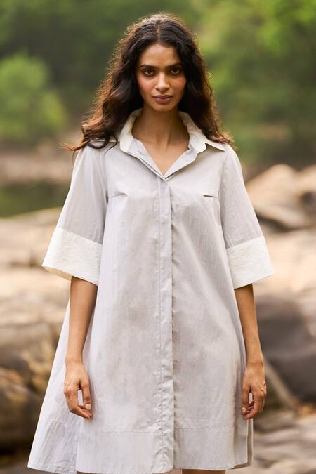 Dash And Dot_Gray Cotton, Nylon Collared Grey Colour Blocked Shirt Dress _Online_at_Aza_Fashions