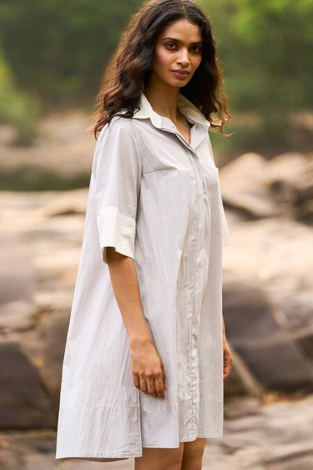 Buy_Dash And Dot_Gray Cotton, Nylon Collared Grey Colour Blocked Shirt Dress _Online_at_Aza_Fashions