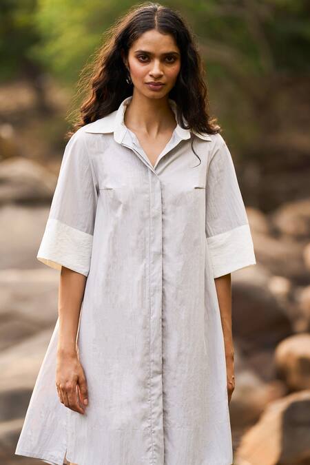 Shop_Dash And Dot_Gray Cotton, Nylon Collared Grey Colour Blocked Shirt Dress _Online_at_Aza_Fashions
