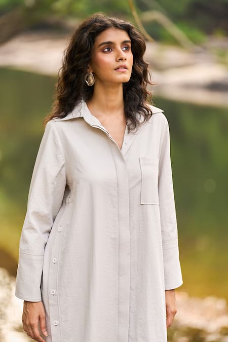 Buy_Dash And Dot_Beige Cotton, Linen Collared Relaxed Fit Poplin Shirt Dress _Online_at_Aza_Fashions