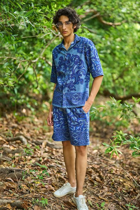Dash And Dot Indigo Denim Printed Shorts Set 