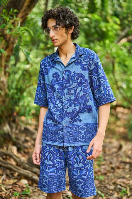 Dash And Dot_Blue Cotton Embroidery Indigo Denim Printed Shorts Set _Online_at_Aza_Fashions