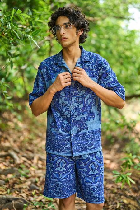 Buy_Dash And Dot_Blue Cotton Embroidery Indigo Denim Printed Shorts Set _Online_at_Aza_Fashions