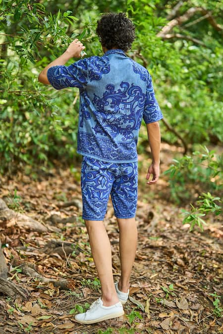 Dash And Dot Indigo Denim Printed Shorts Set 