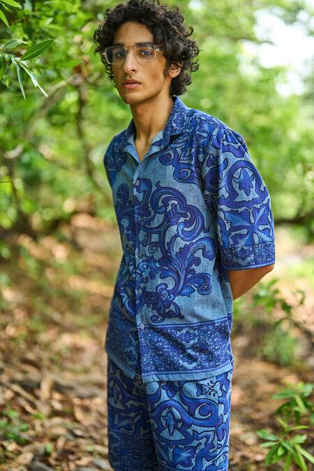 Shop_Dash And Dot_Blue Cotton Embroidery Indigo Denim Printed Shorts Set _Online_at_Aza_Fashions