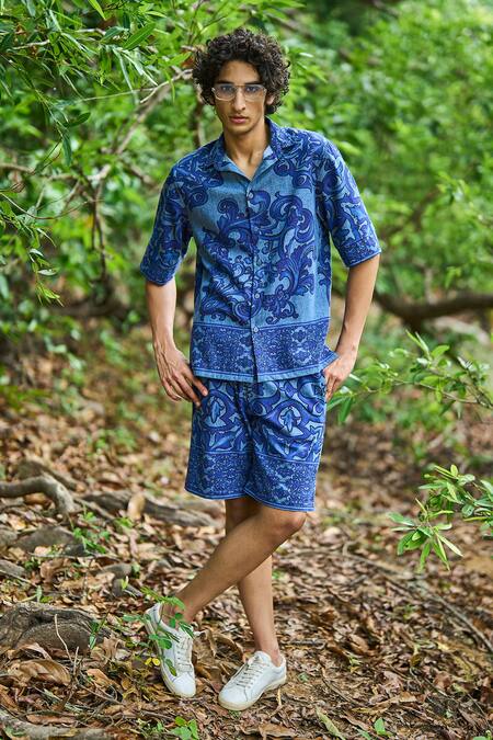 Dash And Dot_Blue Cotton Embroidery Indigo Denim Printed Shorts Set _at_Aza_Fashions