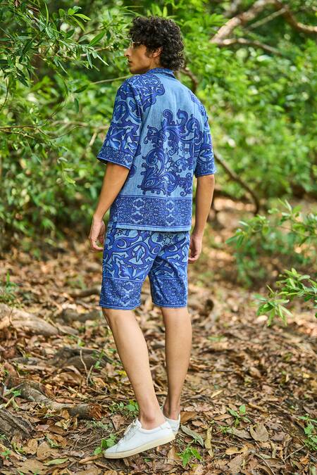 Buy_Dash And Dot_Blue Cotton Embroidery Indigo Denim Printed Shorts Set 