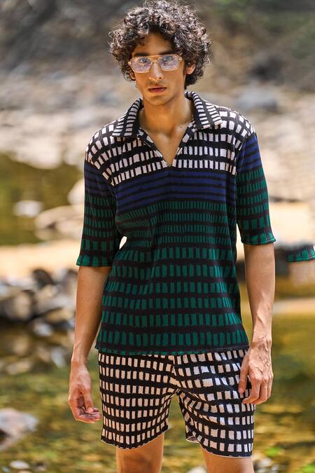 Dash And Dot_Multi Color Polyester Geometric Printed Pleated Shorts Set _at_Aza_Fashions