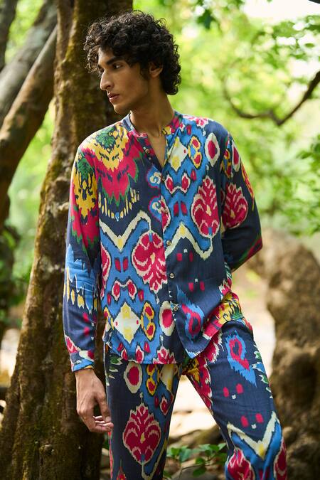 Dash And Dot Multi Color Viscose Ikat Print Band Collar Shirt And Jogger Set Online at Aza Fashions Dash And Dot_Multi Color Viscose Ikat Print Band Collar Shirt And Jogger Set _Online_at_Aza_Fashions