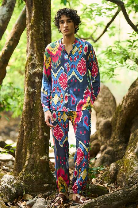 Buy Dash And Dot Multi Color Viscose Ikat Print Band Collar Shirt And Jogger Set Online at Aza Fashions Buy_Dash And Dot_Multi Color Viscose Ikat Print Band Collar Shirt And Jogger Set _Online_at_Aza_Fashions