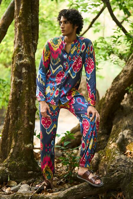 Shop Dash And Dot Multi Color Viscose Ikat Print Band Collar Shirt And Jogger Set Online at Aza Fashions Shop_Dash And Dot_Multi Color Viscose Ikat Print Band Collar Shirt And Jogger Set _Online_at_Aza_Fashions