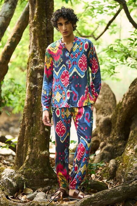 Dash And Dot Multi Color Viscose Ikat Print Band Collar Shirt And Jogger Set at Aza Fashions Dash And Dot_Multi Color Viscose Ikat Print Band Collar Shirt And Jogger Set _at_Aza_Fashions