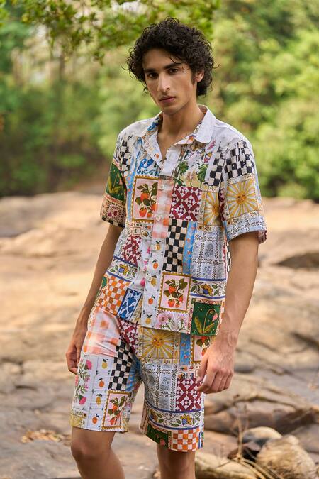 Dash And Dot Multi Color Cotton Patchwork Multicolour Print Shorts Set at Aza Fashions Dash And Dot_Multi Color Cotton Patchwork Multicolour Print Shorts Set _at_Aza_Fashions