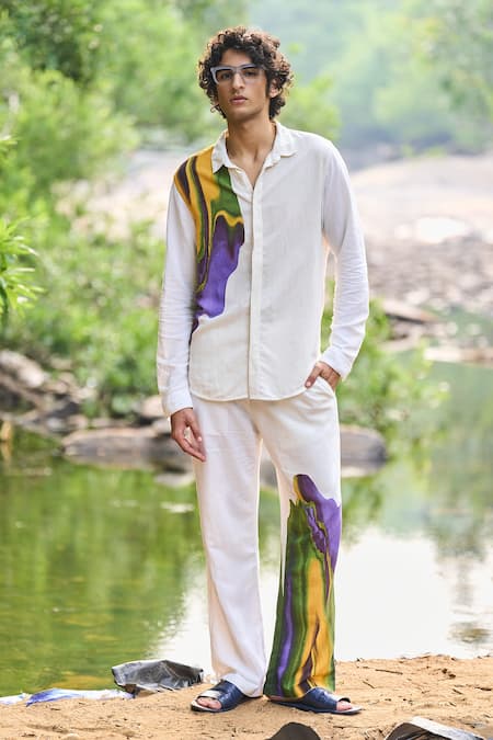 Dash And Dot White Viscose, Linen Multi Printed Shirt And Pant Set