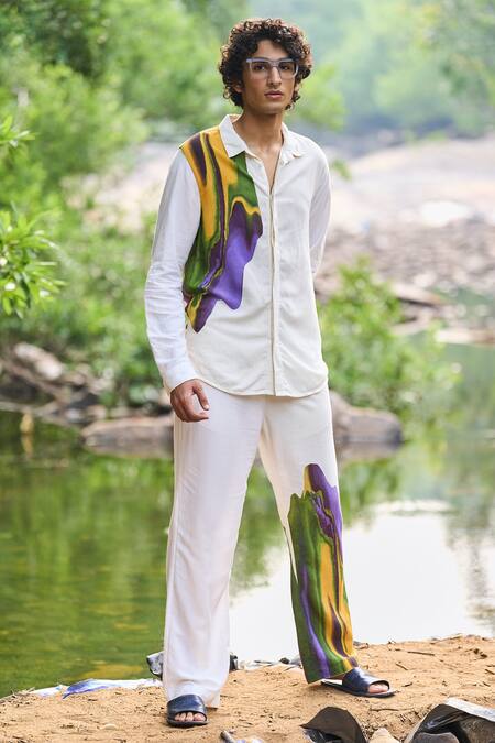 Buy_Dash And Dot_White Viscose, Linen Multi Printed Shirt And Pant Set _Online_at_Aza_Fashions