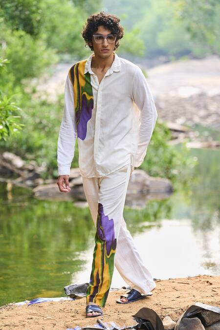 Shop_Dash And Dot_White Viscose, Linen Multi Printed Shirt And Pant Set _Online_at_Aza_Fashions