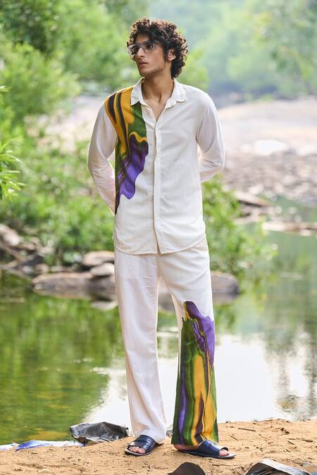 Dash And Dot_White Viscose, Linen Multi Printed Shirt And Pant Set _at_Aza_Fashions
