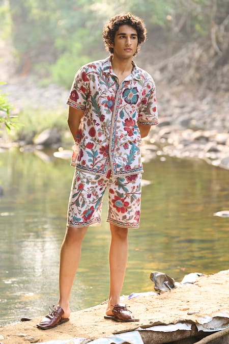 Dash And Dot Multi Color Viscose, Linen Floral Print Summer Border Shorts Set 