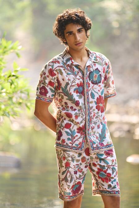 Buy_Dash And Dot_Multi Color Viscose, Linen Floral Print Summer Border Shorts Set _Online_at_Aza_Fashions