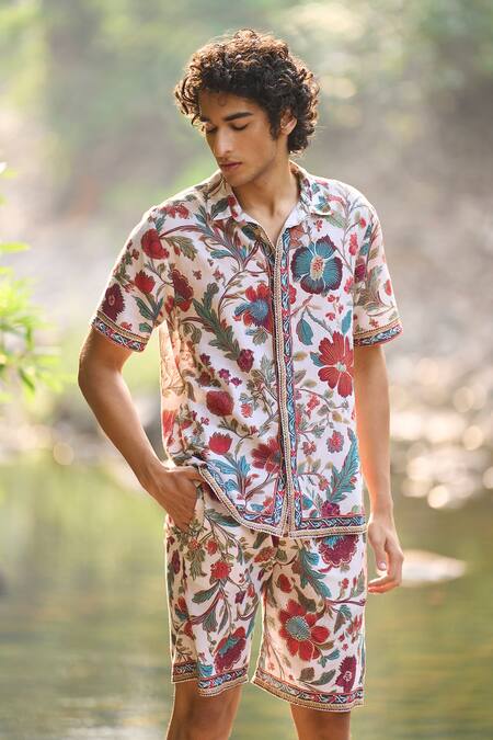 Shop_Dash And Dot_Multi Color Viscose, Linen Floral Print Summer Border Shorts Set _Online_at_Aza_Fashions