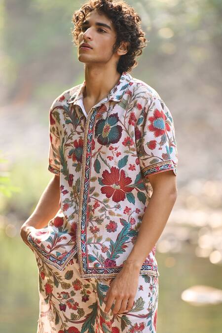 Dash And Dot_Multi Color Viscose, Linen Floral Print Summer Border Shorts Set _at_Aza_Fashions