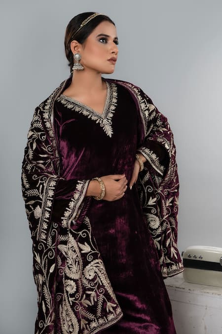 Buy_Angad Creations_Maroon Silk, Velvet V-neck Shaamdaani Kurta Set With Cape _Online_at_Aza_Fashions
