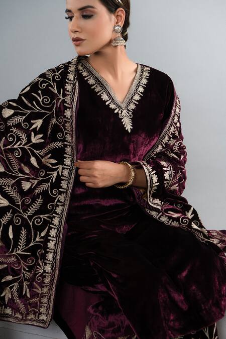 Shop_Angad Creations_Maroon Silk, Velvet V-neck Shaamdaani Kurta Set With Cape _Online_at_Aza_Fashions