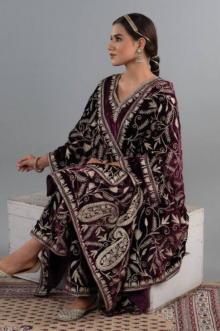 Angad Creations_Maroon Silk, Velvet V-neck Shaamdaani Kurta Set With Cape _at_Aza_Fashions