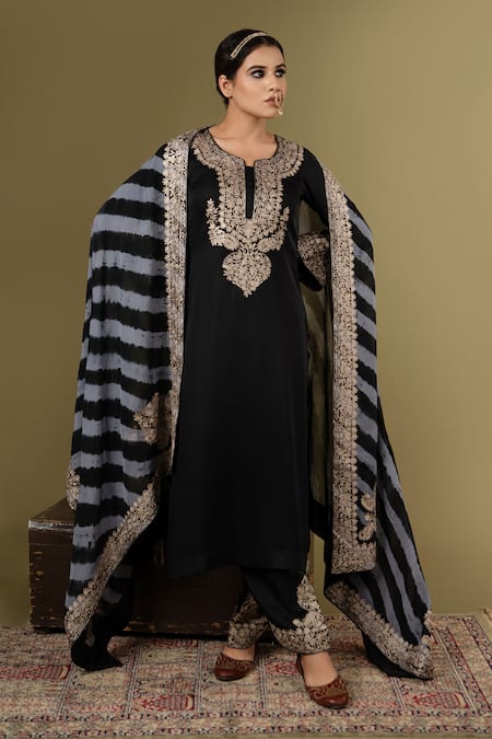 Angad Creations Black Cotton Satin, Organza Embroidery Split V-neck Noor-e-lehr Kurta Pant Set