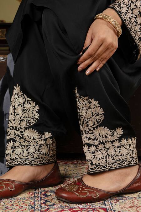 Shop_Angad Creations_Black Cotton Satin, Organza Embroidery Split V-neck Noor-e-lehr Kurta Pant Set 