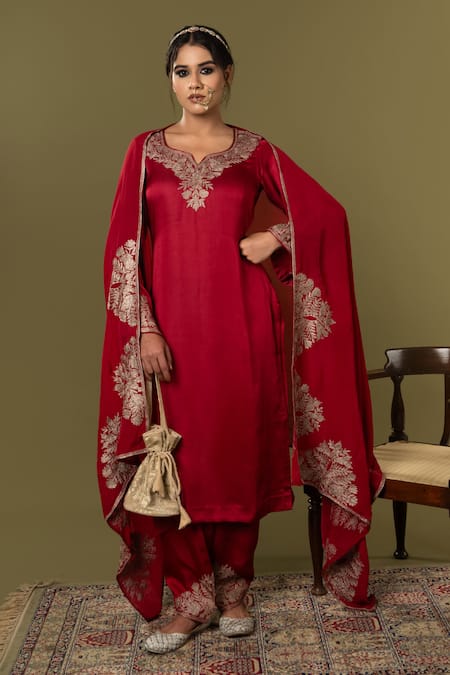 Angad Creations Red Cotton Satin, Organza Embroidery Round Neck Zarnava Kurta Set
