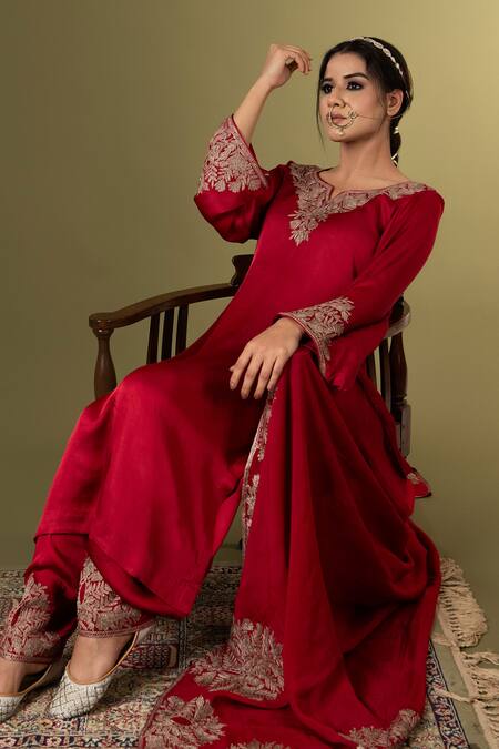Buy_Angad Creations_Red Cotton Satin, Organza Embroidery Round Neck Zarnava Kurta Set _Online_at_Aza_Fashions