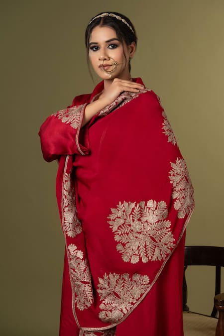 Shop_Angad Creations_Red Cotton Satin, Organza Embroidery Round Neck Zarnava Kurta Set _Online_at_Aza_Fashions