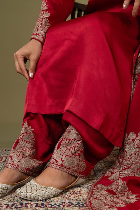 Shop_Angad Creations_Red Cotton Satin, Organza Embroidery Round Neck Zarnava Kurta Set 