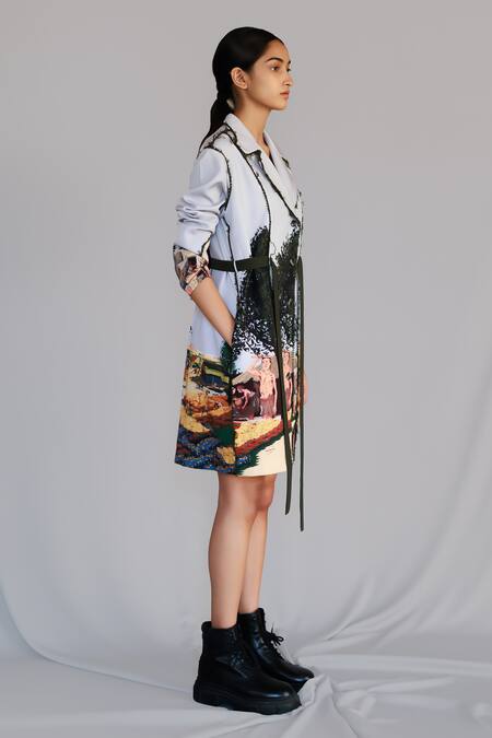 Anurag Gupta_Gray Crepe Embroidery Collared Neolithic Coat Dress _Online_at_Aza_Fashions