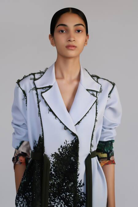 Shop_Anurag Gupta_Gray Crepe Embroidery Collared Neolithic Coat Dress _Online_at_Aza_Fashions