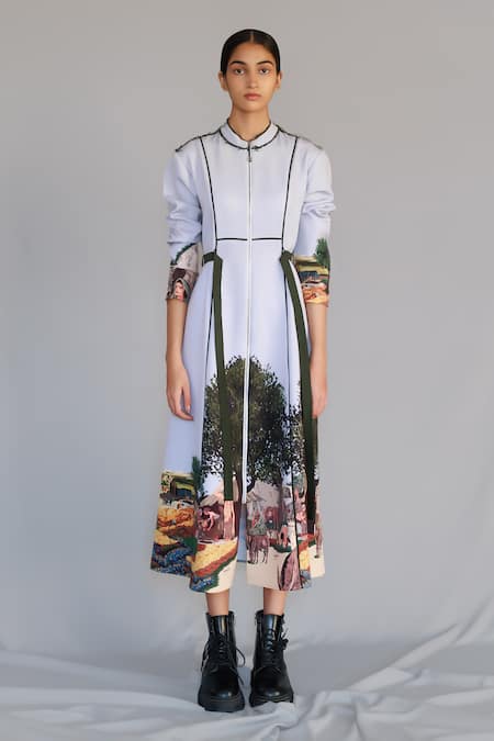 Anurag Gupta Gray Crepe Collared Neolithic Printed Dress